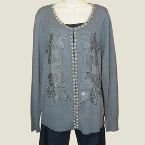 NWT Lauren Michelle Grey Cardigan Sweater Embroidered Bling Wool Blend XL